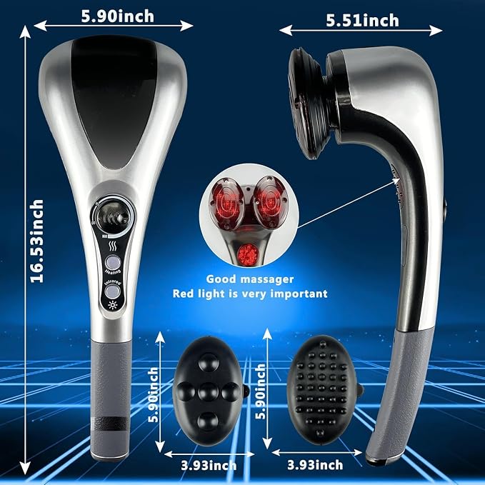Dual Head Handheld Percussion Massager with Heat, Electric Deep Tissue Back Massager for Neck, Shoulder, Back, Leg & Full-Body Muscle Relief, Ideal Gift for Parents