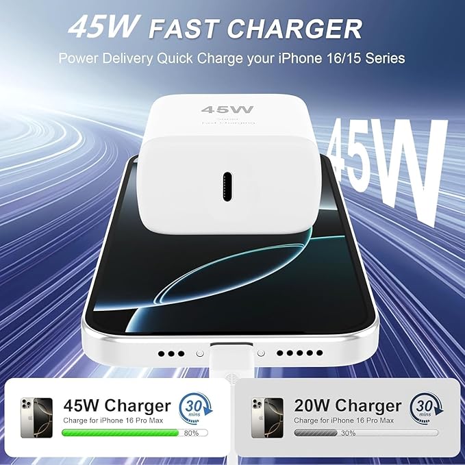 45W USB C Fast Charger for iPhone 17/16/15, 2Pack USB-C Charger Block and 10ft Type C to C Fast Charging Cable Cord Long for Apple iPhone 17 Pro Max/17 Air/16e/16/15 Plus/iPad/MacBook/Samsung Galaxy