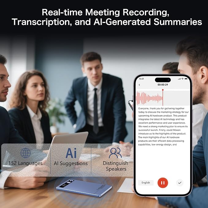 AI Voice Recorder, Pocket AI Recorder with Transcribe & Summarize, AI Noise Cancellation Technology, 64GB Memory, 35 Hours Recording, App Control, Supports 152 Languages for Lectures, Meetings, Calls