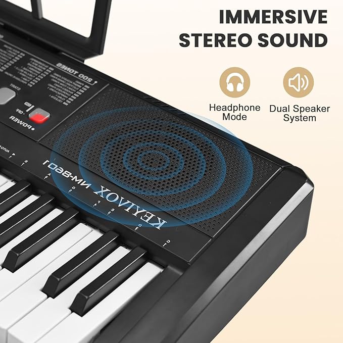 33" 61-Key Electronic Keyboard Piano for Beginners with 200 Tones & Rhythms, Microphone, Learning Features, and Piano Note Stickers, Digital Music Keyboard for Adults