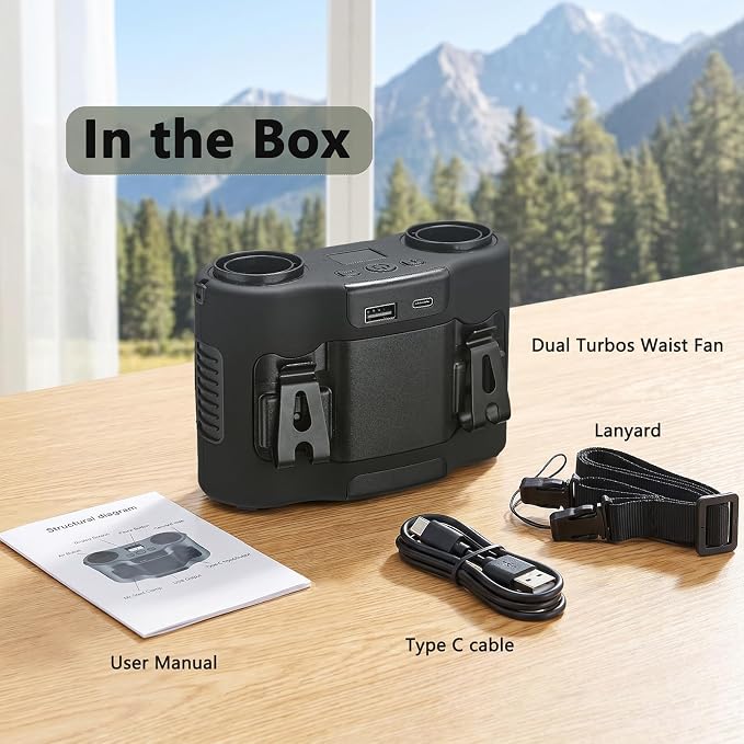 Portable Waist Fan, Rechargeable Belt Clip Fan with Dual Air Outlet, 16000RPM Airflow, up to 40H Runtime, Hands-Free Neck & Waist Fan for Jobsite Cooling Camping Travel Outdoor Black
