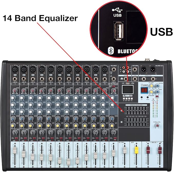 Boytone 12-Channel Professional Bluetooth Audio Mixer, PC Recording, 16 DSP Effects, 48V Phantom Power, 11 Mic Jack, DJ Stereo Input Soundboard Studio Controller, 14 Band EQ, RCA, Unpowered (BT-122MX)