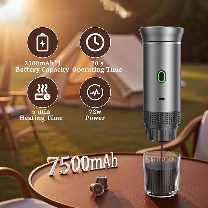 Portable coffee Maker, Electric Espresso Machine for Travel, 7500mAh Battery Capacity USB-C Rechargeable, Compatible with Ground Coffee & NS Capsules