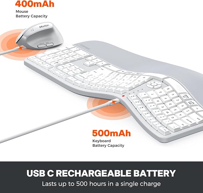 MEETION Ergonomic Keyboard and Mouse, Wireless Keyboard with Vertical Mouse, Split Curved Keyboard with Wrist Rest, Natural Typing Full Size for Windows/Mac/PC/Laptop, Gray
