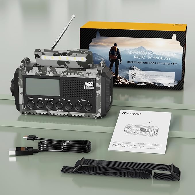 NOAA Emergency Weather Radio Camouflage 5-Way Powered 12000mAh, Crank Radio Flashlight Cell Phone Charger Am Fm Radio Portable