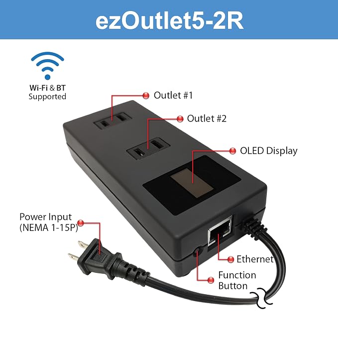 ezOutlet5-2R - Dual Outlet Internet Enabled IP & WiFi Remote Power Switch with Automatic Reboot - iOS | Android | Cloud | Google Home | 2 Web Controllable AC Power Outlets - Model EZ-73a