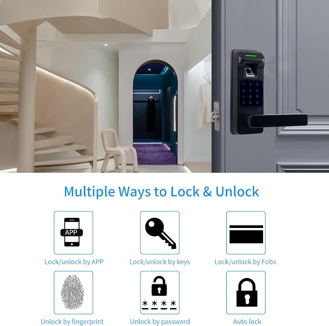 Fingerprint Door Lock, Heavy Duty Full APP Control Touchscreen Keypad Keyless Lock with Reversible Handle, Perfect for Home/Office/Bedroom Doors (Black)