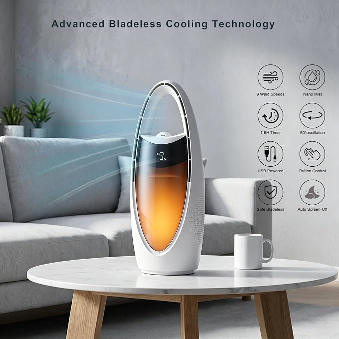 Bladeless Desk Fan with Misting, Rechargeable Quiet Personal Fan, Portable Table Fan with Night Light, 9H Timer 60° Oscillation Cooling Fan for Bedroom Office Home - Space Capsule Design (white)