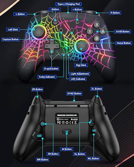 Switch Controller, Wireless Pro Controller Compatible with Nitendo Switch/Switch 2/Switch Lite/Switch OLED, Switch Controller Pro, Rechargeable Switch Remote Gamepad with 6-Axis Gyro,10 LED Light