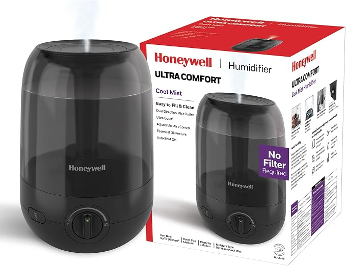 Honeywell Ultra Comfort Cool Mist Humidifier, No Filter, Easy to Fill and Clean, Cleaning Brush Included, Ultra Quiet, Use Air Humidifier with Essential Oils for Extra Comfort, Black, HUL545B