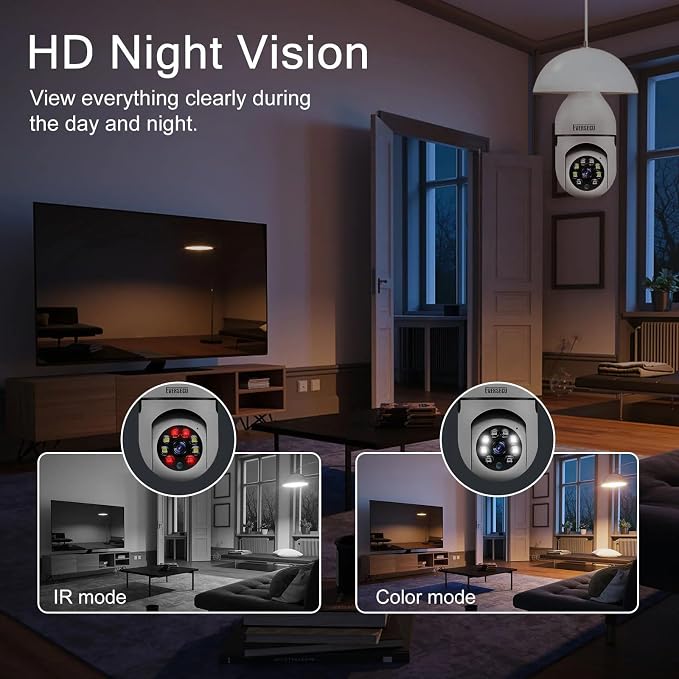 EVERSECU HD 1080P Wireless Light Bulb Security Camera, 2.4g & 5g WiFi, Motion Auto Tracking, 2 Way Audio, Smart Night Vision, Support ONVIF & RTSP, Work with Alexa, SD Card & Cloud Storage, Free App