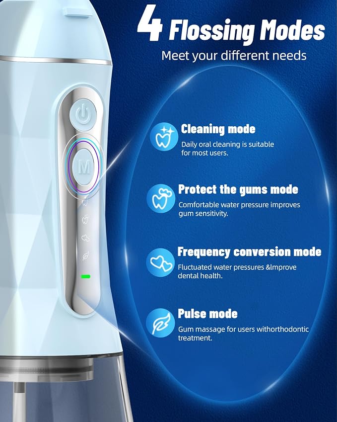 Electric Water Dental Flosser - Cordless Portable Teeth Cleaner, Rechargeable 320ML Larger Water Tank Oral Irrigator, 4 Modes with 5 Jet Tips and Travel Bag, IPX7 Waterproof (Blue)
