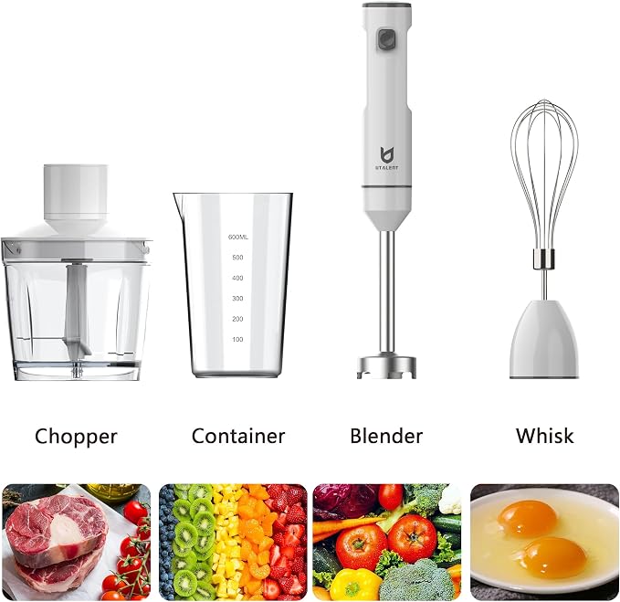 Cordless Hand Blender, UTALENT Variable Speed Immersion Blender Rechargeable, with 500ml Chopper, 600ml container, Egg Whisk, for Smoothies, Baby Food and Soups – White