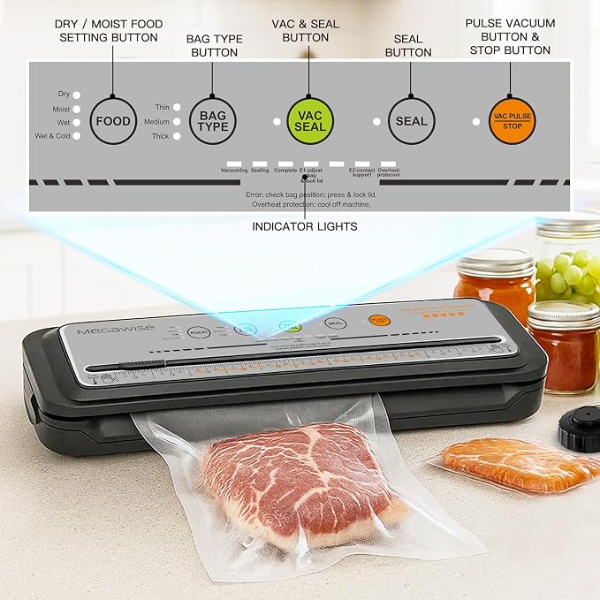MEGAWISE Food Sealer w/Premium Kit with Accessory Hose for Wide and Regular Mouth Sealer, Dry & Moist Food Modes, Compact Design with 10 Vacuum Bags & 20 Mason Tin Lids. (Premium)
