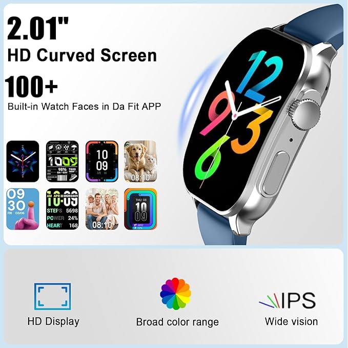 Smart Watch, 2.01" AMOLED Curved Touchscreen Fitness Watch, IP68 Waterproof, 24/7 Heart Rate/Sleep Monitor, Fitness Tracker with Pedometer, 120+ Sports Modes, Smartwatch for Android iOS Navy Blue