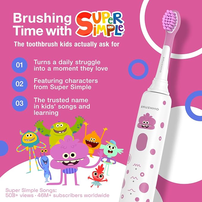 Brushmo x Super Simple Songs Kids Sonic Electric Toothbrush for Ages 3+, Featuring Jimmy, 3 Gentle Modes, 2 Brush Heads, Travel Case, Rechargeable with Wall Adapter (BM03)