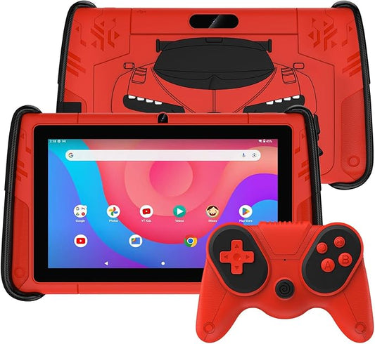 7 Inch Kids Tablet with Case, Android 15 Tablet for Children with Game Controllers, 3GB RAM+32GB ROM, Parental Control, Pre-Installed Kids Software, (Red)
