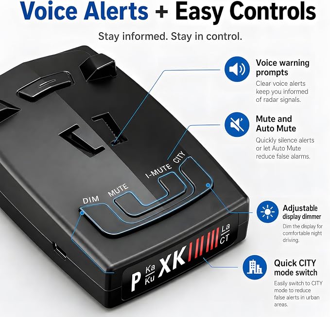 Radar Detector for Cars, Long Range Full-Band Laser Detection with Voice Alerts, False Alert Filter, City/Highway Modes, Windshield Mount, Black