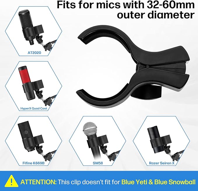 BILIONE 4pcs Versatile Microphone Clip, Adjustable Mic Holder for Microphones with Outer Diameter Range 1.26" from 2.3", with 5/8" Male to 3/8" Female Screw Adapter(Black)