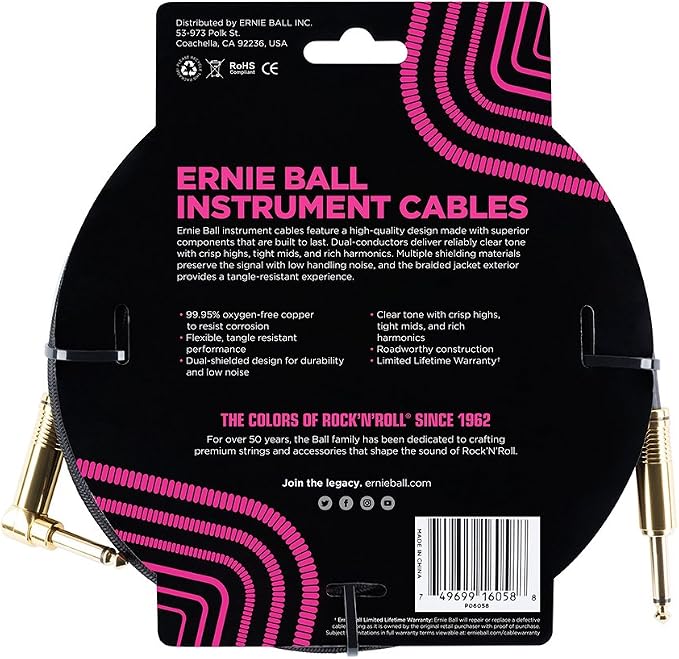 Ernie Ball Braided Instrument Cable, Straight/Angle, 25ft, Black (P06058)