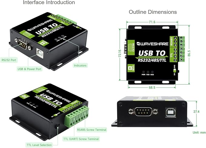 Waveshare USB to RS232 / RS485 / TTL Industrial Isolated Converter with Original FT232RL Embedded Protection Circuits and Aluminium Alloy Enclosure for Industrial Control Equipments