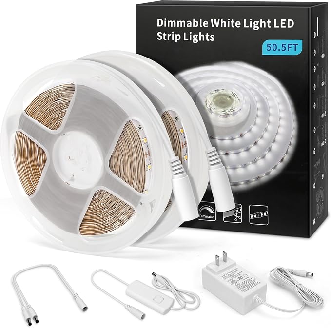 MYPLUS 50FT White LED Strip Lights, Dimmable LED Tape Light 6500K Bright Daylight White, Flexible Under Cabinet Lights with 900 LEDs and UL Listed Safety Power Supply for Room,Kitchen and décor