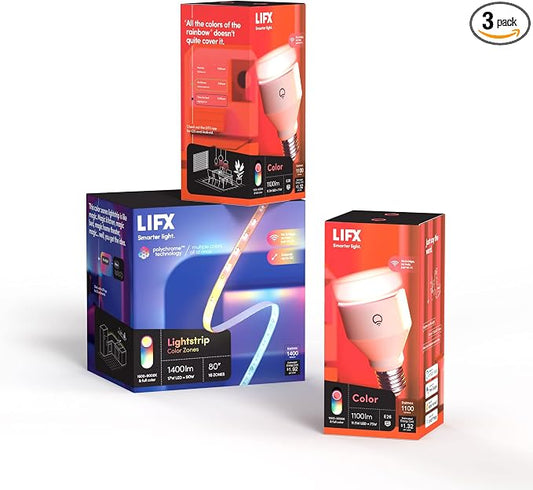 LIFX Lightstrip Bundle with 80" Color Smart LED Lightstrip and Two 1100 Lumen Smart Light Bulbs on E26 Base, 3 Piece Set