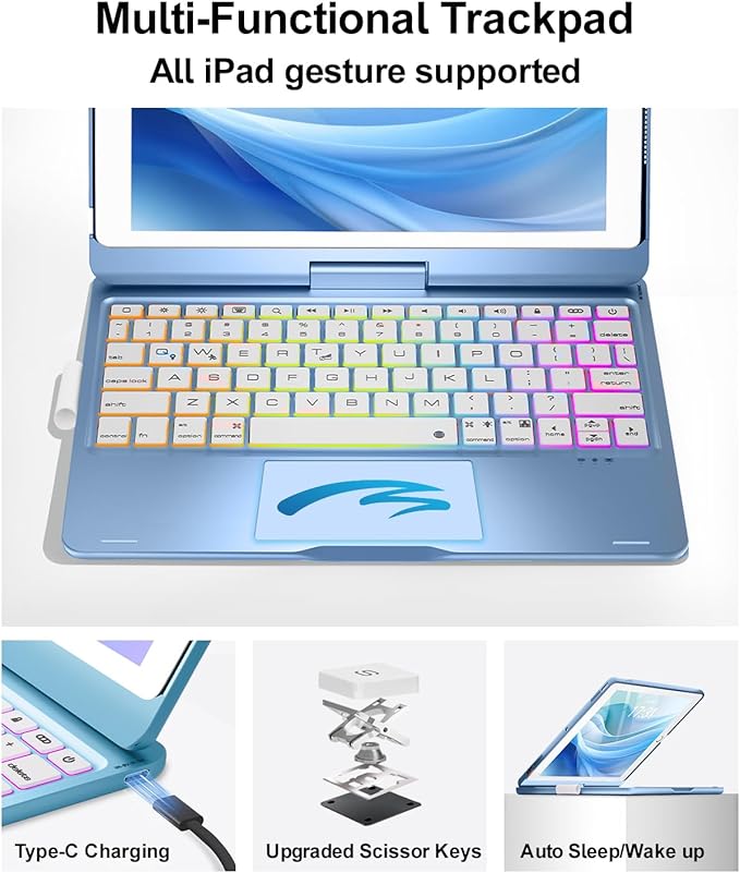 Baisla iPad 9th Generation Case with Keyboard 10.2" (2021), 360° Rotatable with Trackpad & Rainbow Backlit, iPad Keyboard case for 9th/8th/7th, iPad Air 3, iPad Pro 10.5 (Sky Blue)