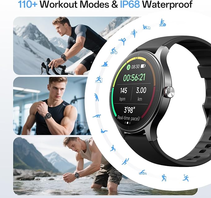 Woneligo Smart Watch,1.57inch AMOLED Touchscreen Fitness Watch for iPhone & Android,Heart Rate/Sp02/Sleep Monitor,110+ Sport Modes IP68 Waterproof Bluetooth Calls,2 Bands (Black, 1.27)