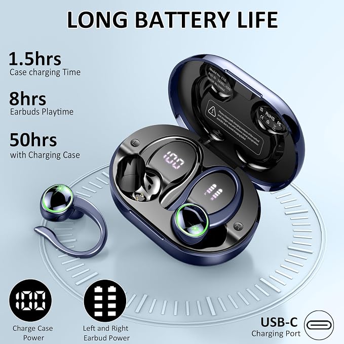 Wireless Earbuds Sports, Bluetooth 5.4 Headphones Hifi Stereo, Over-Ear Buds with 50H Playback, Earhooks Design, ENC Noise Cancelling Mic, IP7 Waterproof, Fitness Headset for Gym Running Workout