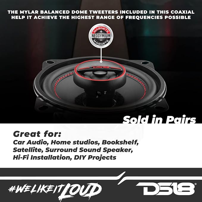 DS18 G4Xi GEN-X 4" 2-Way Coaxial Speakers 120 Watts Max Power 4-Ohm with Mylar Balanced Dome Tweeters - Full Range Car Replacement Speaker - Grill Included - 2 Speakers