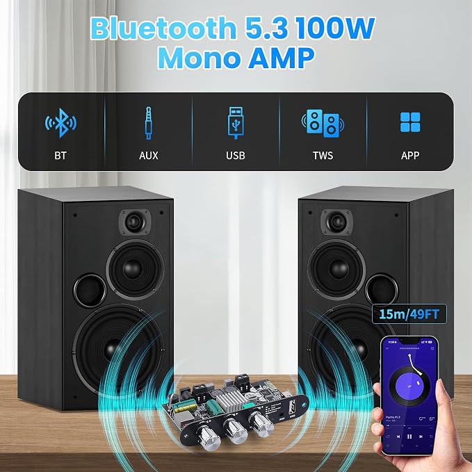 2 Pack ZK-1001U Bluetooth 5.3 Mono Amplifier Board with TWS & Boost Circuit, Mini Audio Amp for Home Outdoor DIY Speakers with 100W Power Output, Treble and Bass, USB/AUX/BT Input, DC 9-24V