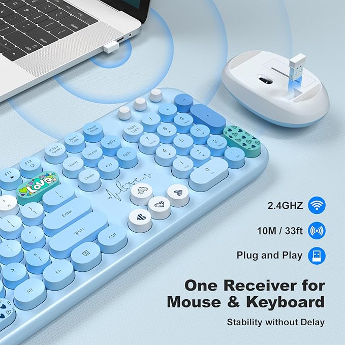 MOFII Wireless Keyboard and Mouse Combo - Pale Blue Full Sized Plug and Play Colorful Computer Keyboards - 104 Keys Round Keycap USB 2.4G Cute Keyboard for Windows/Laptop/Mac/Desktop/PC