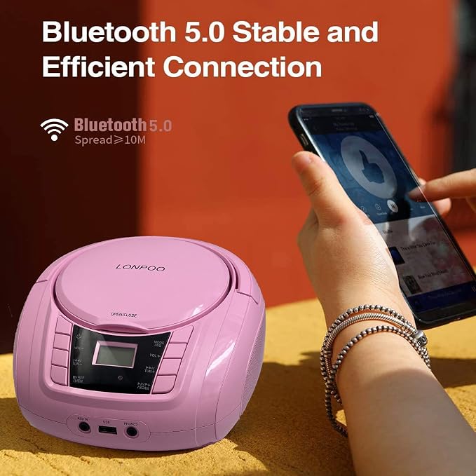 LONPOO Portable Boombox - CD Player, Bluetooth, USB, MP3, AUX, FM Radio, Portable, Built-in Stereo Speakers, Carrying Handle, LCD Display, Pink