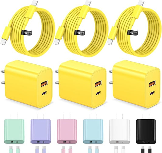 Phone 17 16 15 Charger Fast Charging USB C Charger Block Type C Chargers Charging Block with 3 Pack 10FT Cable for Phone 17/17 Plus/17 Pro Max/16/16 Plus/16 Pro Max/15 Pro Max/iPad Pro(Yellow)