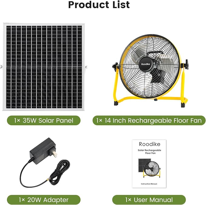 14" Solar Rechargeable Floor Fan, 35W Solar Powered Battery Operated Fans for Outdoor Garden Greenhouse Barn Stable Camping Garage Patio Air Circulation Cooling
