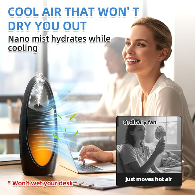 Bladeless Cooling Fan with Nano Cool Mist for Sleep & Hot Days, 13-Inch Rechargeable Quiet Desk Fan for Baby Nursery Bedroom Office Dorm, 9-Speed Oscillation, Night Light, 9H Timer
