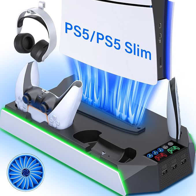 PS5 / PS5 Slim Cooling Station with Controller Charging Station - LED Light Cooling Stand for Playstation 5 Slim Disc/Digital Console, Accessories Incl RGB Light/Cooler Fan/3 USB Hubs/Headset Holder