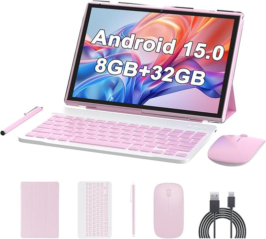 10 inch Android 15 Tablet with Keyboard Stylus, 8GB RAM 2 in 1 Tableta, Includes Mouse & Protective Case, 6000mAh Battery, Wi-Fi 6,Dual Camera, 32GB ROM,tablet set pc - Tablets with case (Pink)