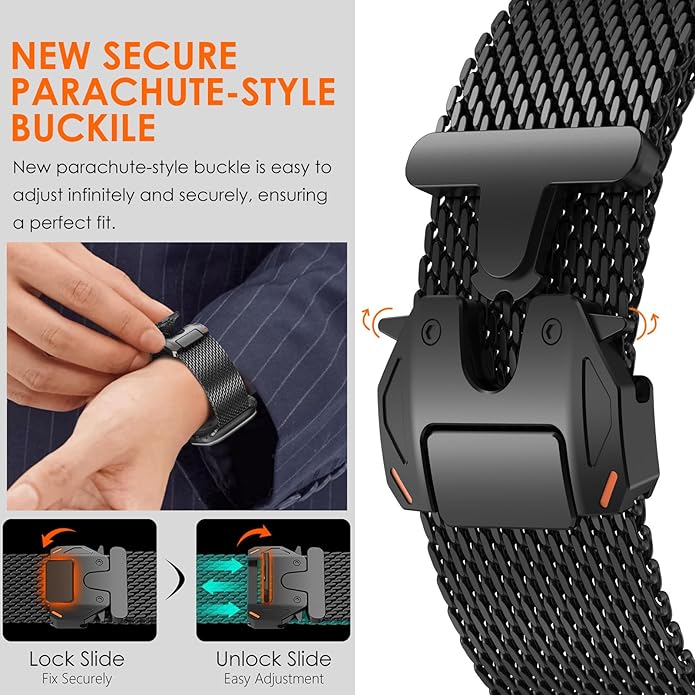 WINGLE Milanese Loop for Apple Watch Band Ultra 3/2/1 Band Ultra 49mm Series 11 10 46mm 45mm 44mm SE 3/2/1 Series 9 8 7 6 5 4 3 Men Women,Parachute-Style Buckle Stainless Steel Mesh Metal iWatch Bands