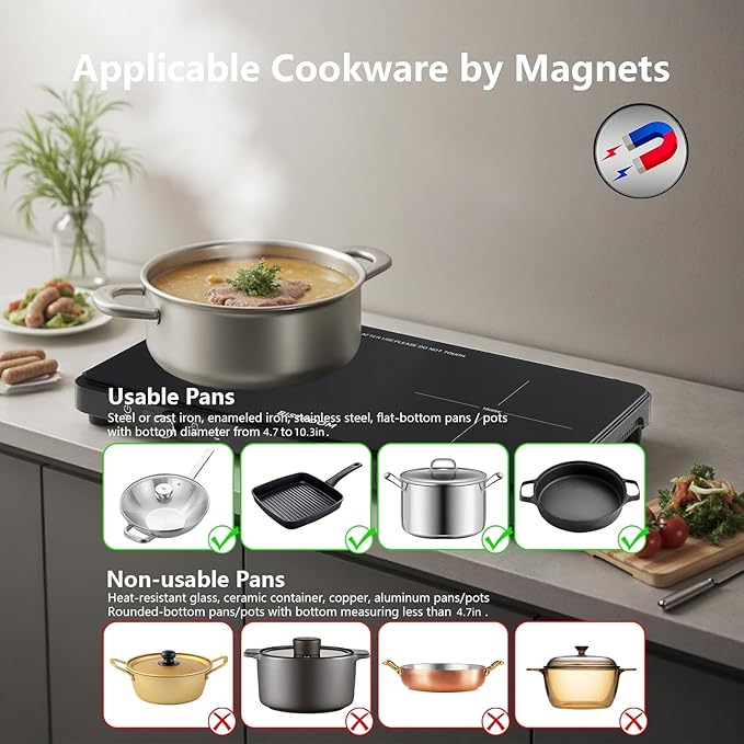 Double Induction Cooktop: Apartment-Friendly Dual Burner with Precision Temp Control (140°F-460°F) – No Breaker Trips, Perfectly Seared Steak & Never-Burnt Eggs
