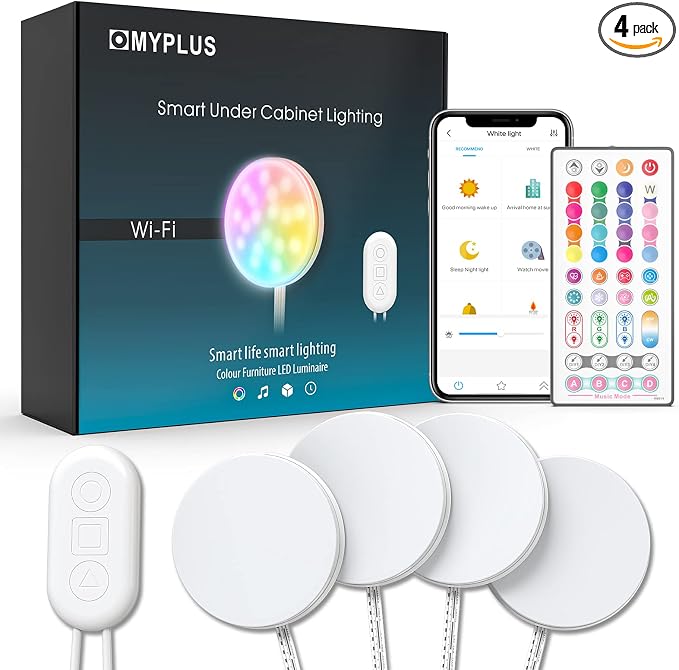 MYPLUS Smart Under Cabinet Lights, Ambiance Puck Lights Compatible with Alexa and Google Home,WiFi Controlled Dimmable and RGB Color Smart Lamp Fixture (7cm-4PCS)