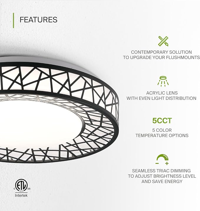 ASD 12 Inch LED Flush Mount Ceiling Light Fixture for Bedroom, 20W 1113LM 5CCT 2700K-5000K, Triac Dimmable Lights, Dining, Living Room, Kitchen Lamps, Modern Home Lighting Fixtures, Black, ETL, 4 Pack