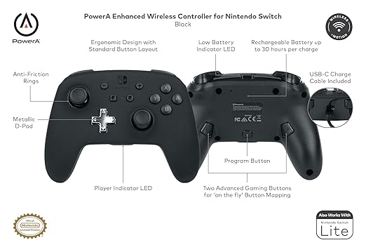 PowerA Enhanced Wireless Controller for Nintendo Switch/Switch 2 / Switch Lite/OLED Model - Black - Gamepad, game controller, Officially Licensed