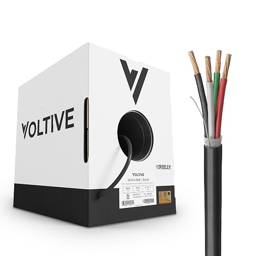 Voltive 16/4 Speaker Wire, in-Wall CL3 & Direct Burial, Black, 250ft - 16AWG, 4 Conductors, Stranded Oxygen-Free Copper, UL Listed - V-1211-3