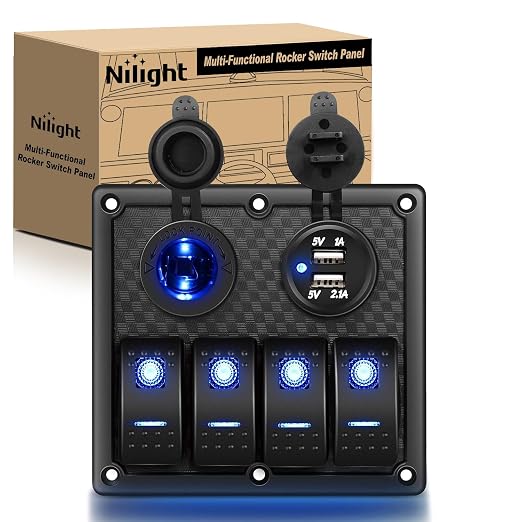 Nilight - 90107D 4 Gang Rocker Switch Panel Waterproof Pre-wired Switch Panel with USB Charger & Power Socket and Fuse DC 12V 24V Rocker Switch Panel for Car Rv Vehicles Trucks,2 Years Warranty