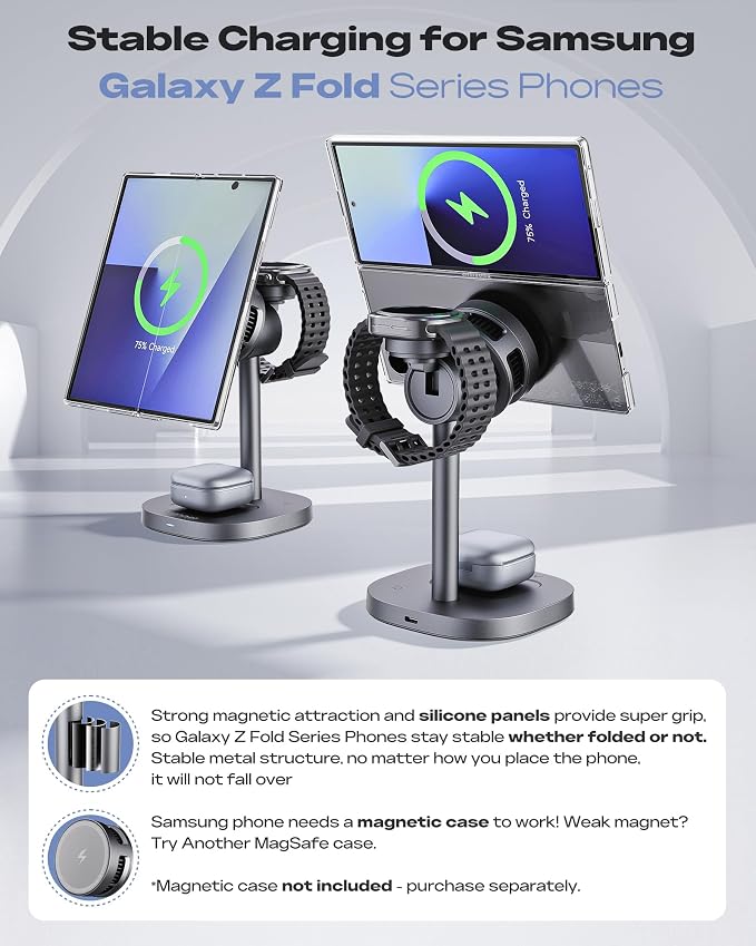 Magnetic Wireless Charger for Samsung, Qi2 Fast 15W Android 3 in 1 Charging Station TEC Cooling Compatible with Magsafe Charger for Galaxy S25 Ultra/S24/Z Fold 7/Flip7/Samsung Watch Ultra 8/Buds