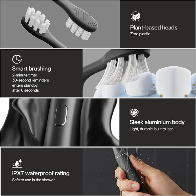 Oday Rechargeable Electric Toothbrush for Adults with Wall Mounted UV-Cleaning Tooth Brush Protector Case and 4 Brush Heads, Smartimer, IPX7 Waterproof, 1 Month+ Battery, Sleek Aluminum Body Black