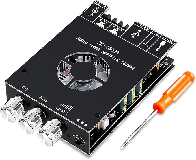 Daakro ZK-1602T Bluetooth Amplifier Board,160W+160W 2.0 Channel Amp Board with Treble and Bass Control,DC 15-36V, Bluetooth and AUX Inputs, Audio Amp Board for Home DIY Wireless Speaker, Password Free