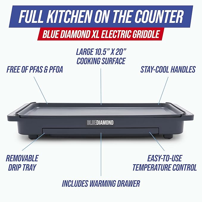 Blue Diamond XL Electric Griddle, 10" x 20" Ceramic Nonstick Surface, Temperature Control, Warming Drawer, Removable Drip Tray, Flat Top Grill/Griddle, Breakfast, Burger, Eggs, Easy Clean, Graphite
